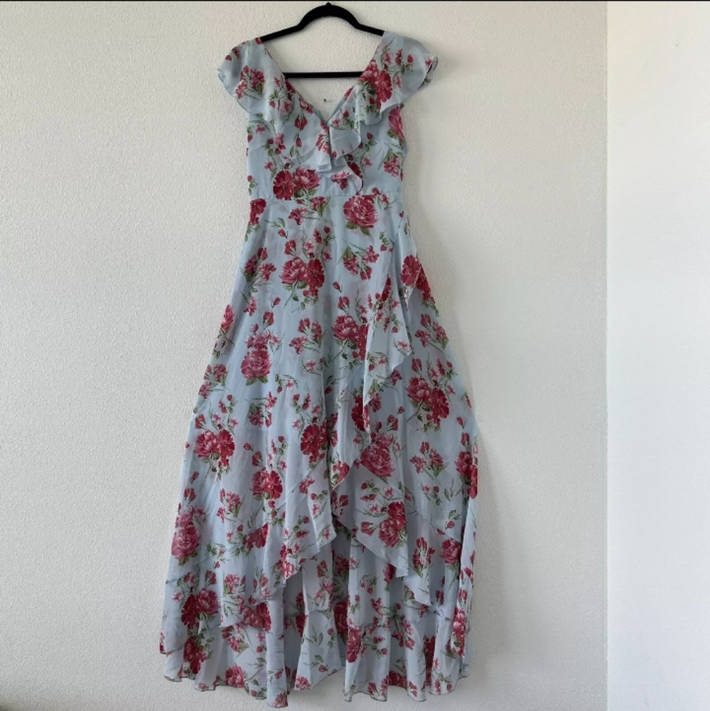 JJ's House Blue Floral Print V-Neck A-line Chiffon Asymmetrical Dress